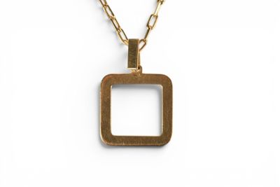 the gold square pendant is hanging from a chain on a white background