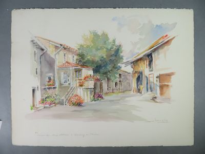 watercolor painting of a street scene with buildings and a tree