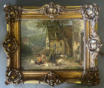 une image représentant un tableau accroché au mur et représentant une scène de vie à la ferme