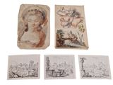 quatre dessins représentant une femme avec un chapeau, un homme avec un chapeau, une femme en robe, un homme avec un chapeau et une femme avec un chapeau