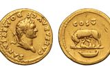 a gold coin with an image of a man and a dog on it