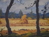 painting of a field with hay stacks and trees in the foreground