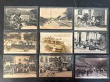 several old black and white photographs of people and vehicles in a town