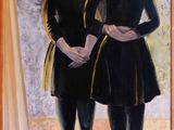 a painting of two women standing in front of a window
