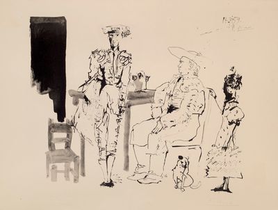 un dessin représentant un groupe de personnes assises autour d'une table