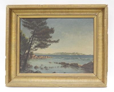 an image of a painting of a beach scene with a tree in the foreground