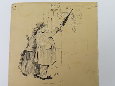 an old drawing of a man and a woman holding an umbrella