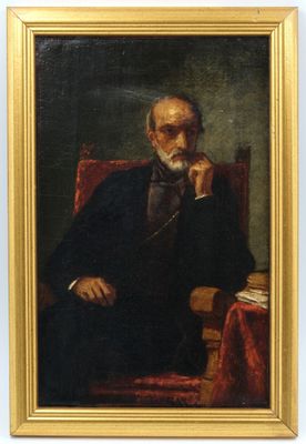 un vieux tableau représentant un homme assis sur une chaise, la main posée sur le menton