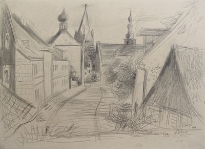 dessin représentant une rue avec des bâtiments et une église en arrière-plan