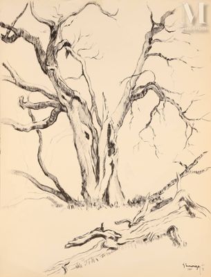 dessin représentant un arbre nu, sans feuilles, dans un champ