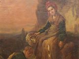 an old painting of a woman sitting on a rock next to a man