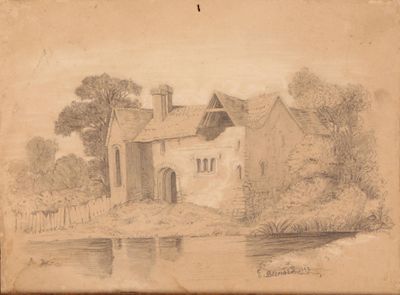 an old drawing of a house near a body of water