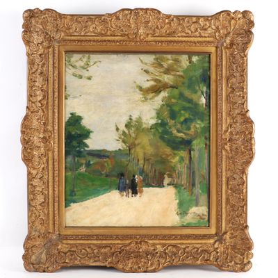 une peinture à l'huile représentant deux personnes marchant sur un chemin de terre