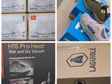 several pictures of a box of shoes and a box of vacuum cleaners
