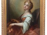 an old painting of a woman with a dog in a chair
