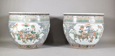 pair of chinese famille vases with figures and flowers