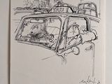 dessin représentant une voiture avec un chien sur le siège passager