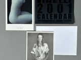 three black and white photographs of a woman and a calendar