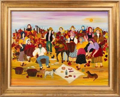 une peinture à l'huile représentant un groupe de personnes dans un champ, en compagnie d'un chien
