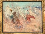 an oil painting of a man riding a horse on a beach