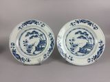 pair of chinese blue and white plates with birds and flowers