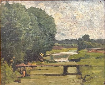an oil painting of a bench in a field with a river in the background