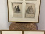 three framed pictures of people sitting on a chair in a room