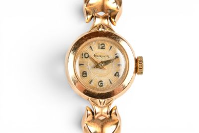 an image of a gold watch with a cat on it ' s face