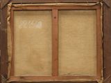 an old painting with a brown frame and a white drawing on it