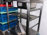 a metal cart with a bunch of plastic bins on it