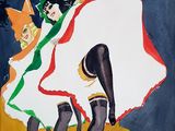 painting of three women dressed in colorful costumes dancing on a stage