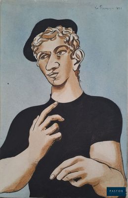 painting of a man in a black shirt and hat with his hands on his chest