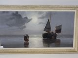tableau représentant un bateau sur l'eau avec des personnes dans l'eau
