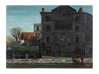 a painting of a building on the corner of a street
