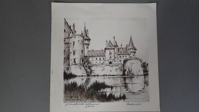 un dessin représentant un château sur le mur au bord de l'eau