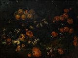 une image représentant un tableau de fleurs et de fruits posés sur une table