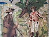 a painting of a man and a woman in the woods