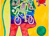 un tableau représentant un homme à vélo avec un chien et une pelote de laine