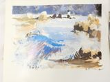 a picture of a painting of a lighthouse on the beach