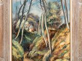 a painting of a path through a forest with trees in the foreground