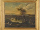 an image of a painting of a landscape with a river in the foreground