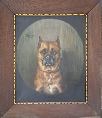 painting of a brown dog sitting in a wooden frame with a black background