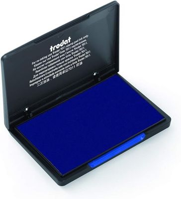 the blue ink pad is in a black case on a white surface