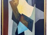 une peinture abstraite représentant un homme portant un chapeau et une chemise bleue
