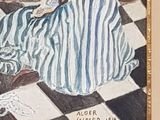 a painting of a woman sitting on a checkered floor