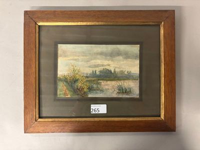 peinture représentant un paysage avec une rivière au premier plan et des arbres à l'arrière-plan