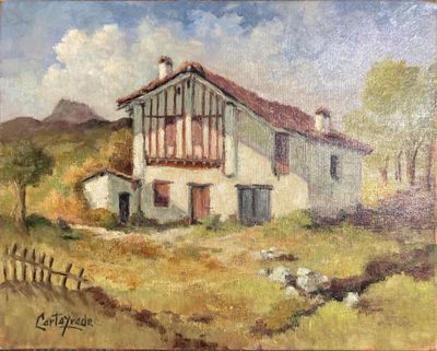an oil painting of a house on a hill with a dog in front of it