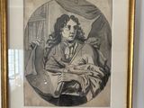 framed drawing of a man in a suit and tie sitting in a chair