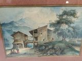 painting of a village scene with a man and a woman in the foreground