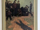 painting of a group of men standing around a man laying on the ground